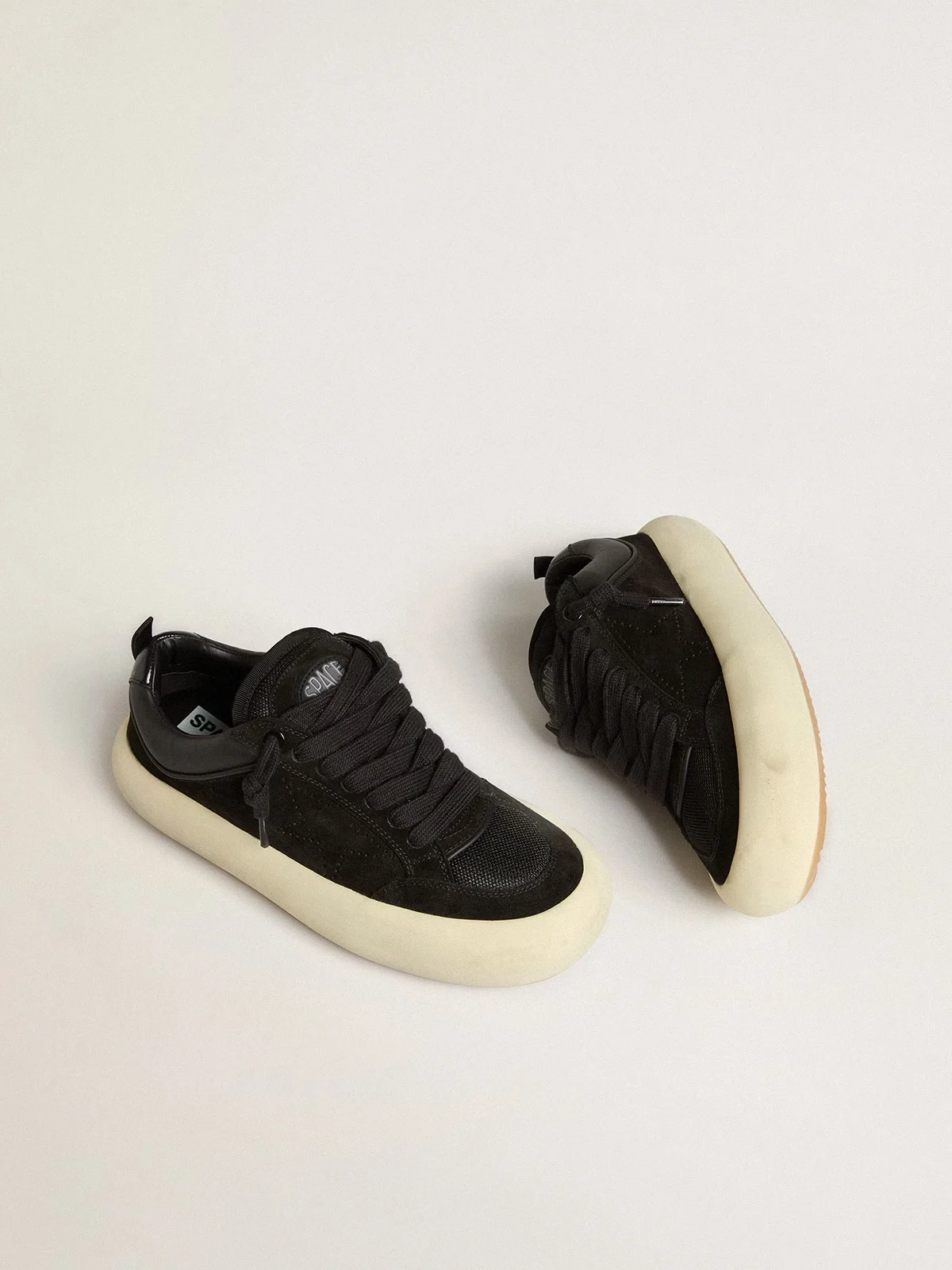Womens Space Star Cube in black suede with perforated star